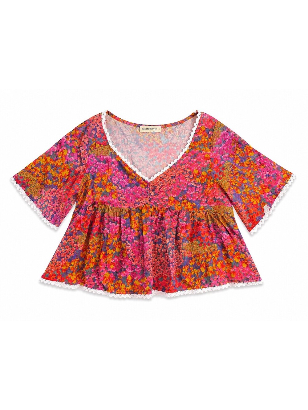 Rusttydustty Floral Boho Lace Trim Crop Top – Size L